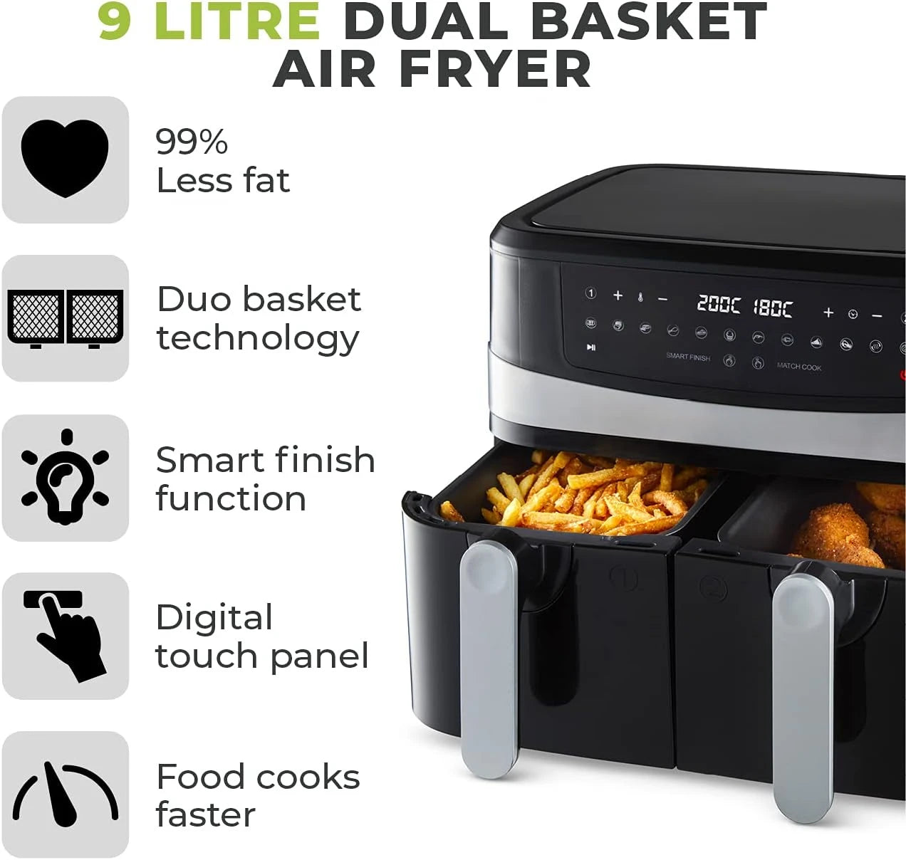 T17088 Vortx 9L Dual Basket Air Fryer with Smart Finish, 2600W, Black