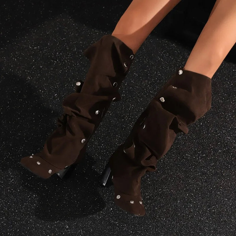 2024 Denim Square Toe Boots Detachable Rivets 7cm Thick Heel and Knee Length Boots Winter Side Zipper Brown Trendy Boots 35-45