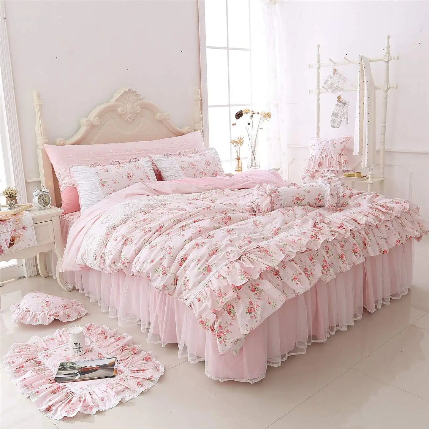 Romantic Roses Print Duvet Cover Set with Bed Skirt Pink Lace Ruffle Floral Shabby Chic Bedding Sets Queen 4 Piece