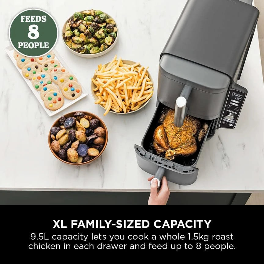 XL Air Fryer, Vertical Dual Drawer AirFryer with 4 cooking levels, 2 Drawers and 2 Racks, Space Saving Design, 9.5L Capacity