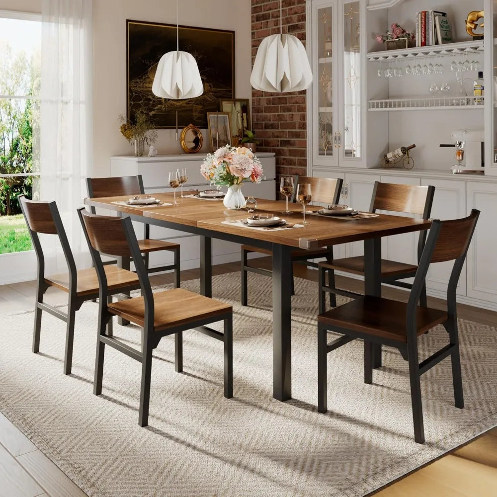 7-Piece Dining Table Set with 6 Chairs, 63" Extendable Kitchen Table & Chairs,Dining Room Table with Metal Frame & MDF Board