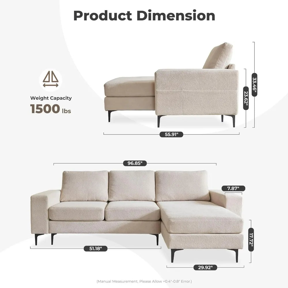 97" Modern L Shape Couch With Comfy Lounge Chaise Sectionals Couch Sofa Furniture Beige Cloud Velvet Living Room Sofa Chair Home