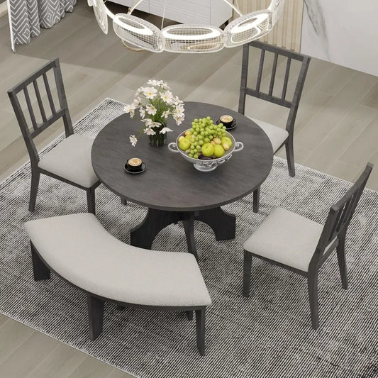 5-Piece Round Dining Table Set for 4 Round Kitchen Table Set with Curved Bench&3 Chairs Retro Round Dining Room Set for Kitchen