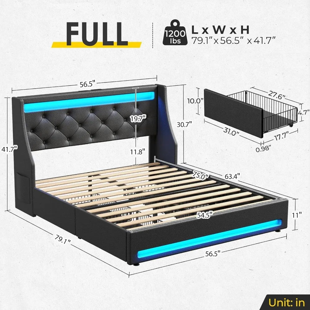 Bed Frame with LED Lights and Charging Station, PU Leather Bed with Drawers, Wooden Slats, Noise Free, Easy Assembly, Bed Frame