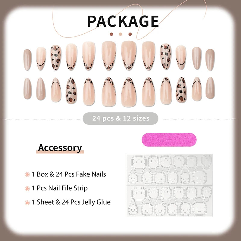 24pcs Fake Nail Elegant Daily Nail Art for Fall Winter Medium Almond French Leopard Nail Full Set False Nails Press on Nails