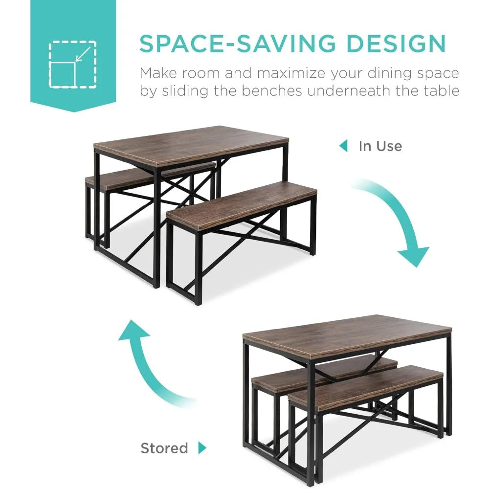 45.5in 3-Piece Bench Style Furniture Set, 4-Person Space-Saving Dinette for Kitchen, Dining Room w/ 2 Benches, Brown/Black