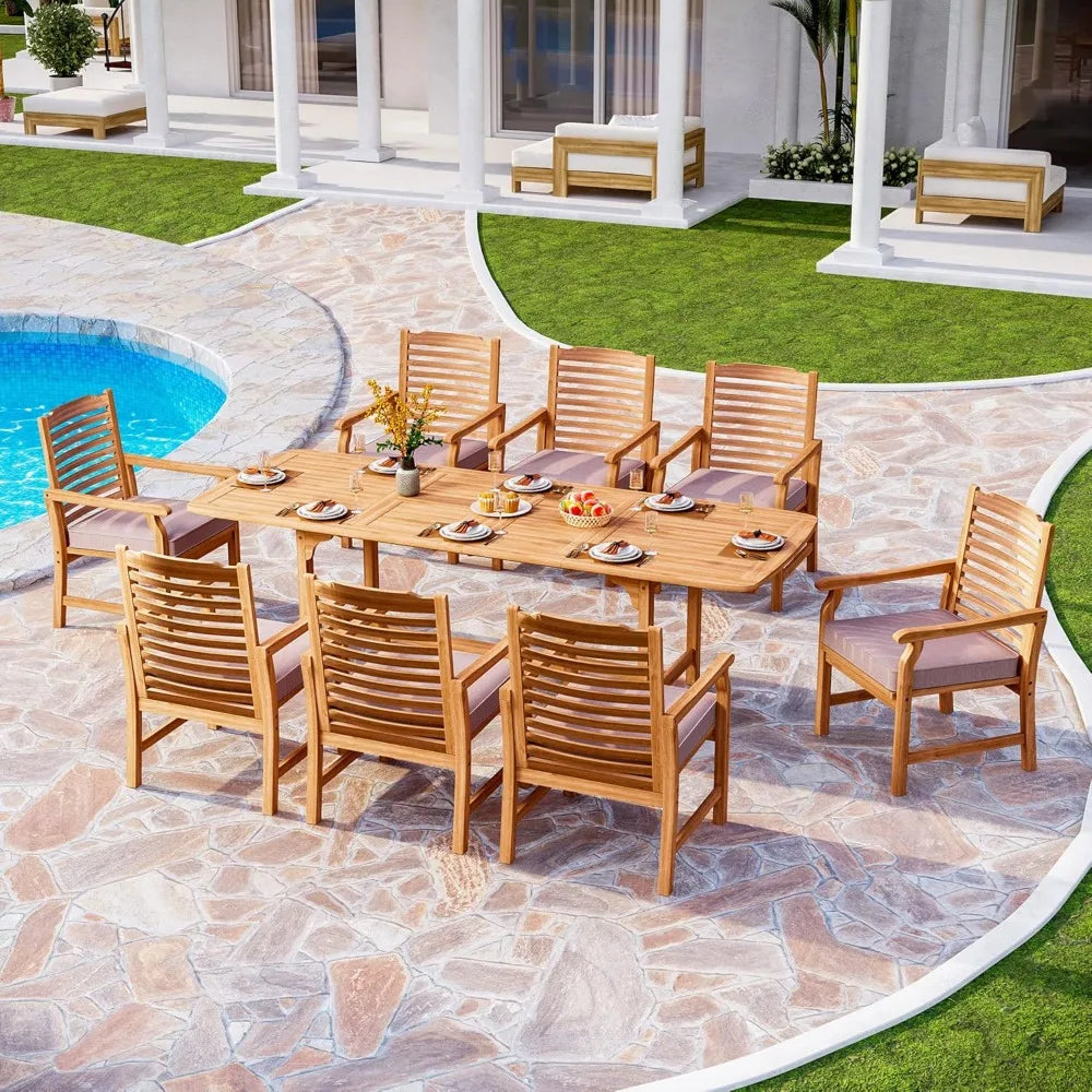 9 Pieces Acacia Wood Patio Dining, Expandable Teak Dining Table & Wooden Chairs with Cushions, Garden Furniture Sets