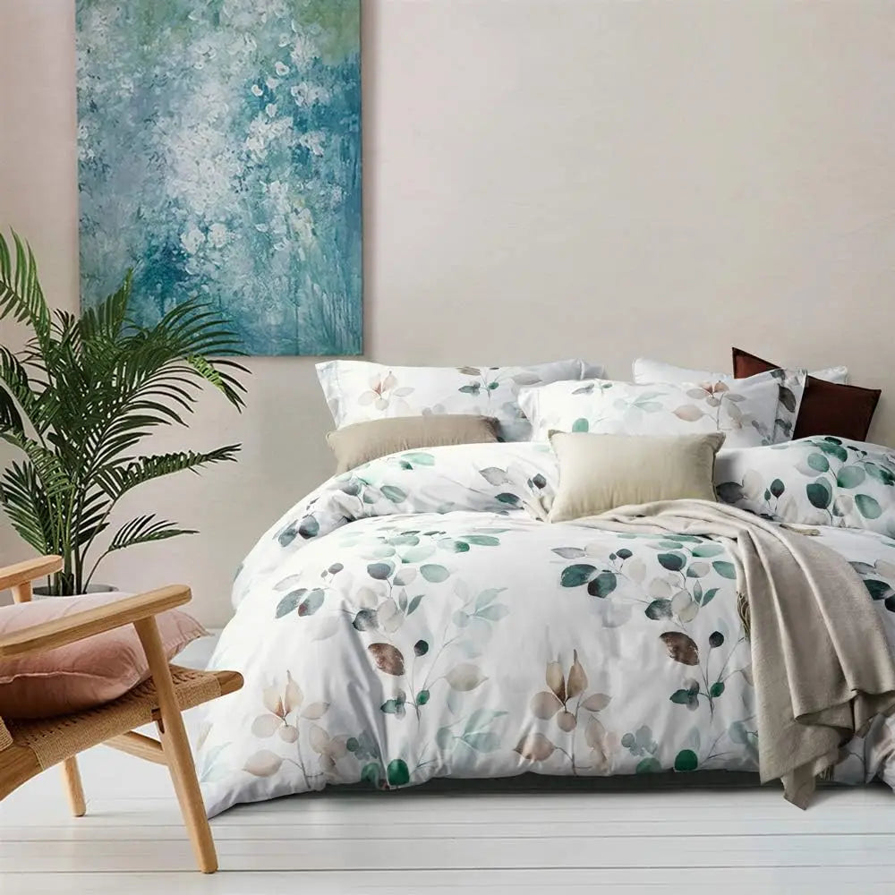 Cover King Size 100% Long-Staple Cotton Gradient Teal Blue Leaves Plant Pattern Comforter Cover Set Ultra Soft & Breathable