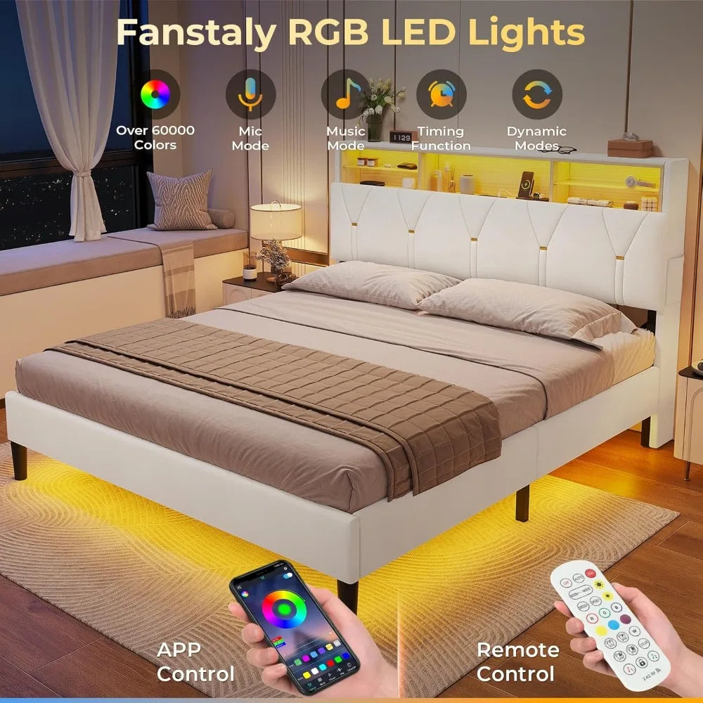 Bed Frame with Storage Headboard and RGB LED Lights with Type-C & USB Charging Station, Upholstered Platform Bed Frame