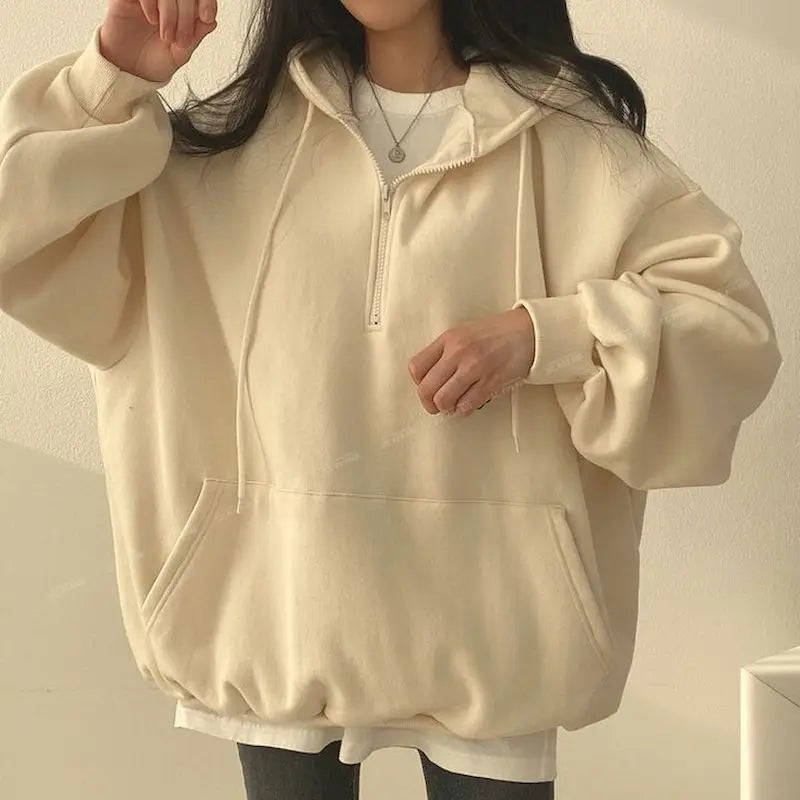 Oversized Hoodie with Zipper for Women, Monochrome Sweatshirts, Casual Hoodies, Essential for Female, Korean Fashion, 2023