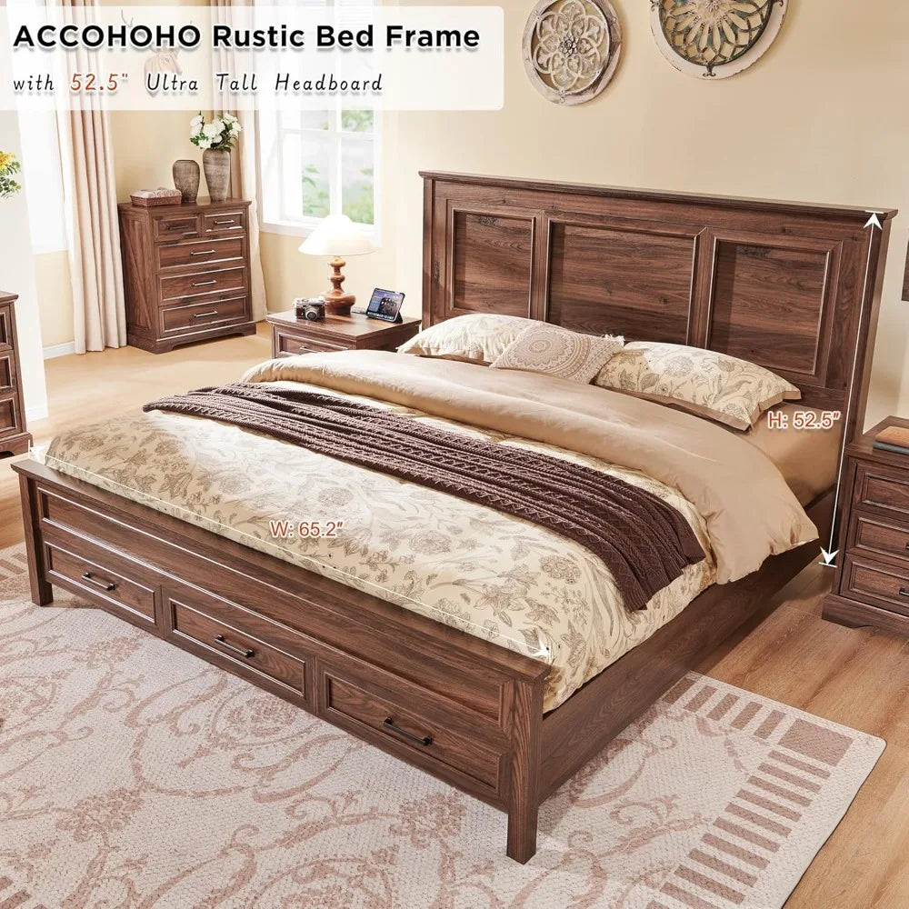 Wood Platform Bedframe With Footboard and Storage Drawers Bedroom Beds No Squeak Brown No Box Spring Needed Double Bed Bunk Twin