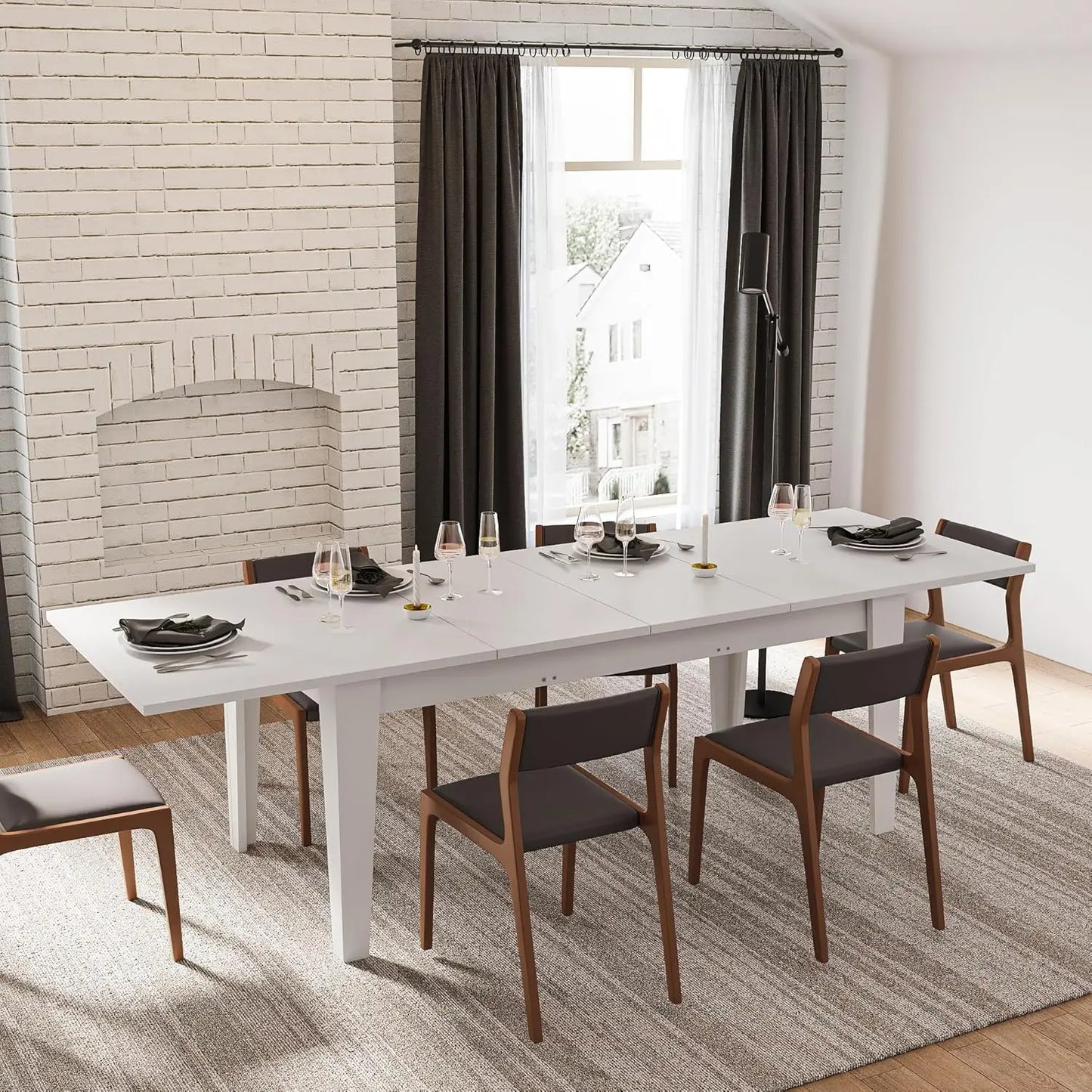 Wood Expandable Dining Table, Modern Extendable Dining Room Table Large Rectangle Dining Table with Leaf Extension