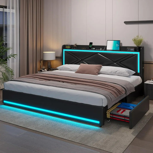 King Bed Frame with Storage Drawers and LED Lights, Pu Leather Platform Bed King Size with Headboard Storage, Type-C & USB