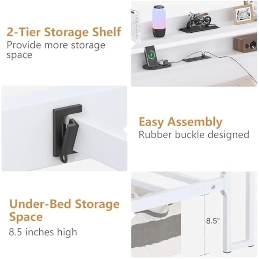 Bed Frames with Charging Station and Storage Headboard, No Box Spring Needed, Noise Free, Easy Assembly, White