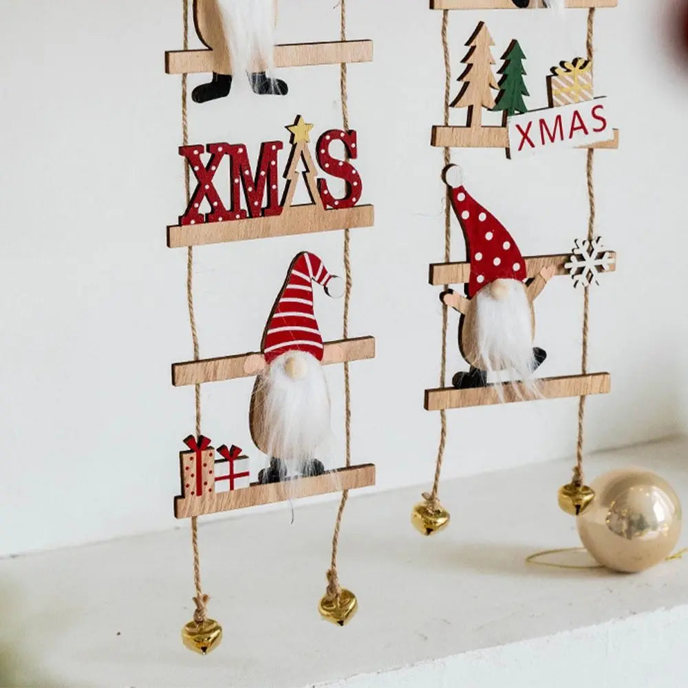 Cartoon Climbing Ladder Santa Claus Pendants with Bells DIY Christmas Wooden Hanging Tree Festive Merry Christmas Decor