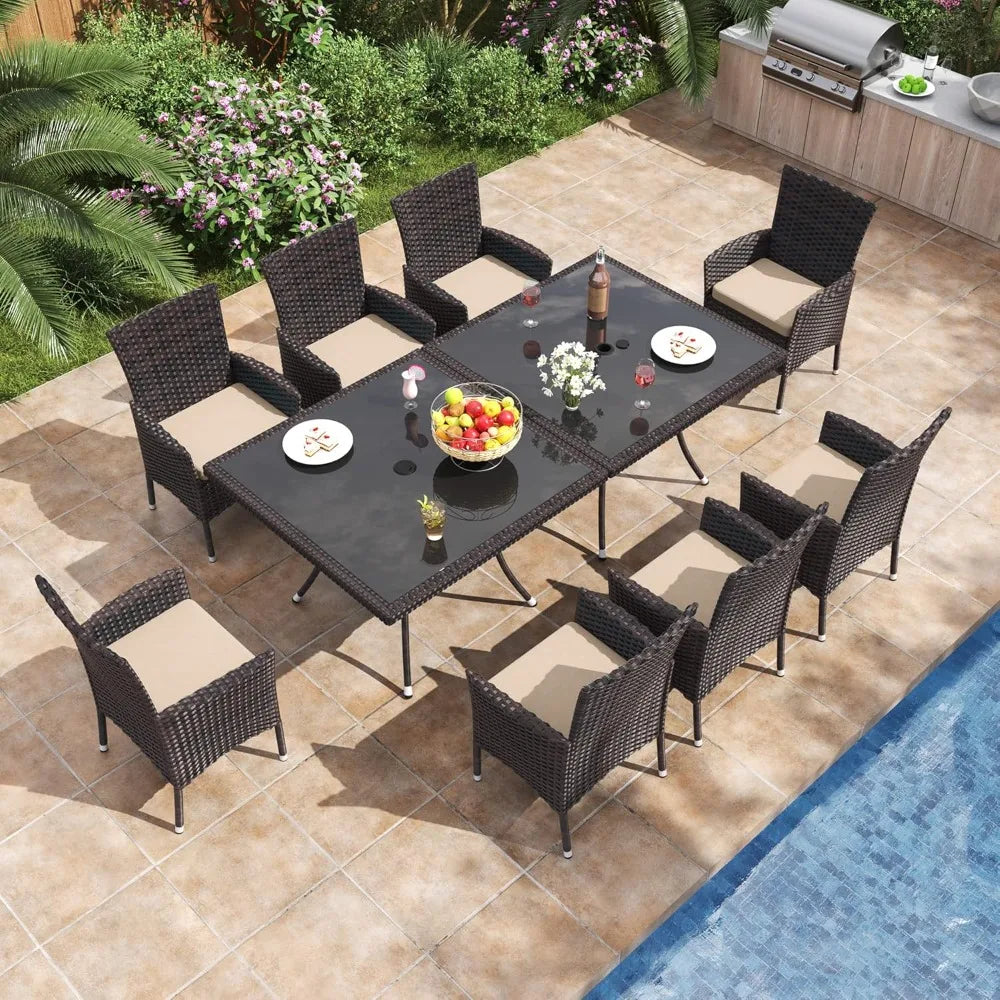 10 Piece Patio Dining Set,w/Tempered Glass Tabletop, Removable Cushions and Umbrella Hole ,Wicker Outdoor Patio Furniture Set