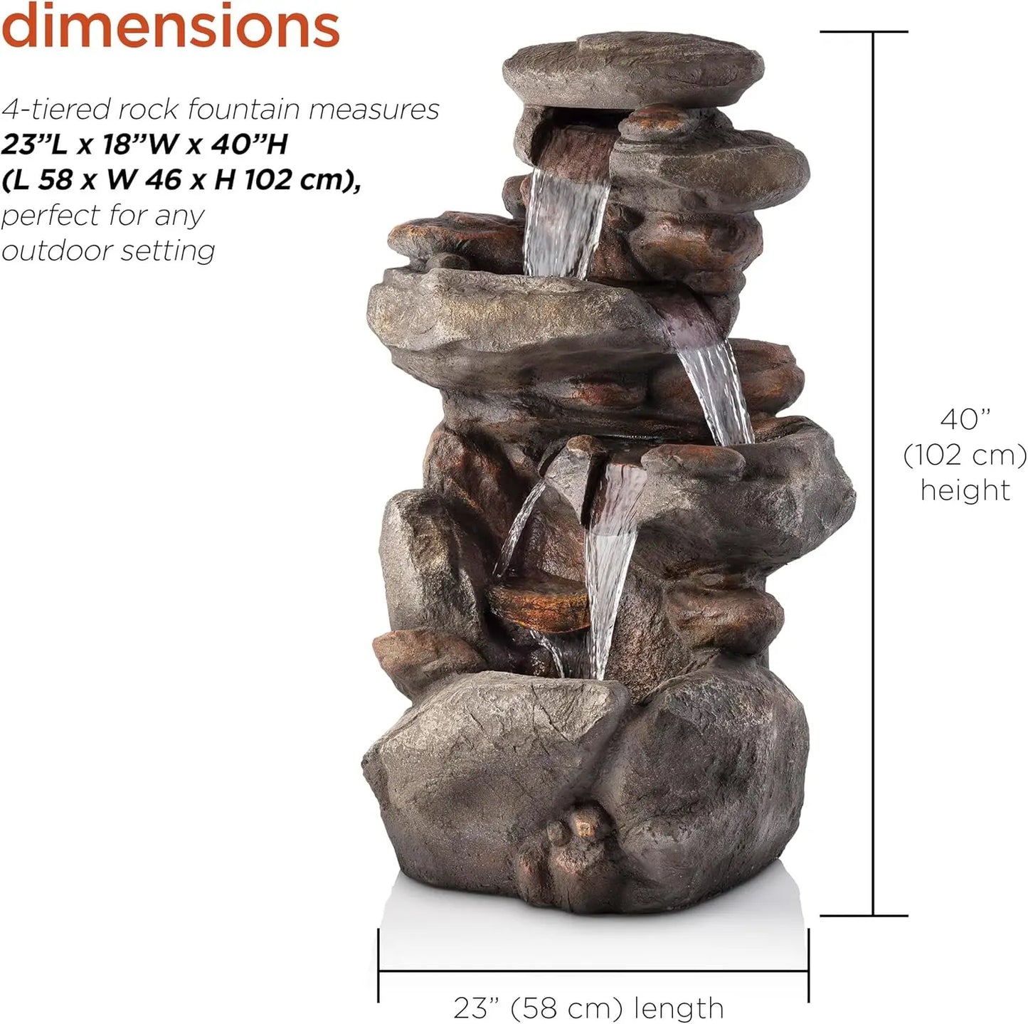 WIN316 4-Tiered Outdoor Floor Rock Water Fountain for Garden or Patio with Natural Stone Look, Light Gray