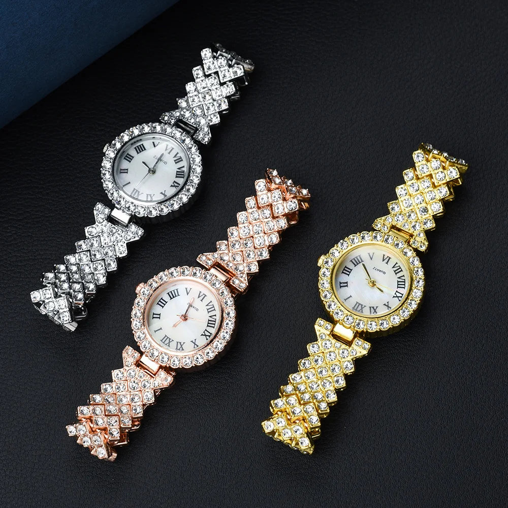 2pcs/set Luxury Female Brand Diamonds Watch Bracelet Women's Crystal Quartz Watches Ladies Dial Steel Wristwatch Trendy Clock