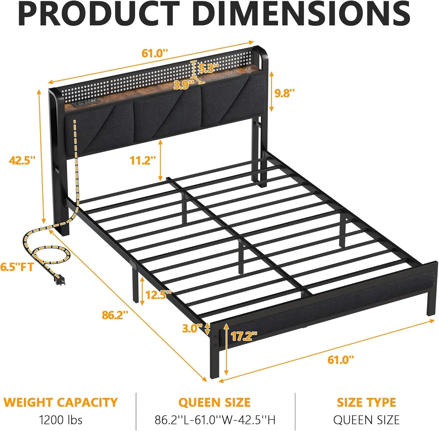 Queen Size Bed Frame with Headboard and LED Lights,Upholstered  with Charging Station and USB Port, Platform Metal Bed Frame,No