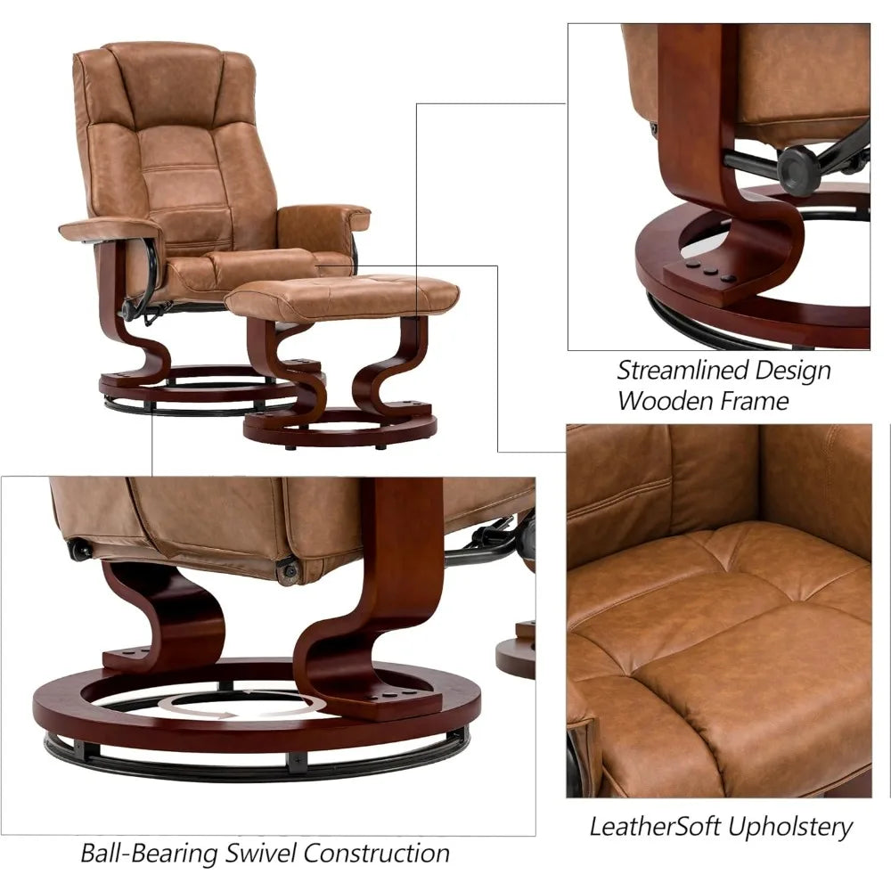 Swivel Recliner with Ottoman, Multi-Position Leisure Office Chair with Adjustable Back, Faux Leather Ergonomic Lounge Chairs w