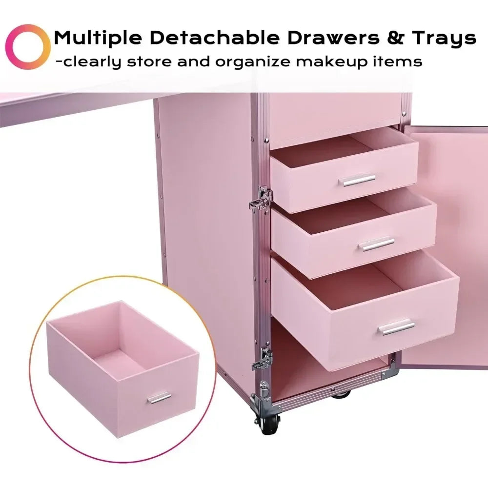 Rolling Manicure Table Foldable Nail Table Makeup Train Case with Desk Cosmetic Trolley Travel Storage Organizer with Speaker