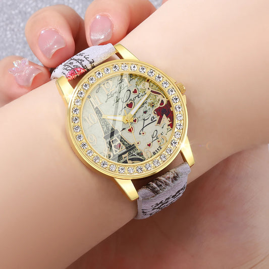 Ladies Fashion Trend Everything Tower Digital Floral Star Printed Leather Watch Band Quartz Watch Birthday Christmas Gift