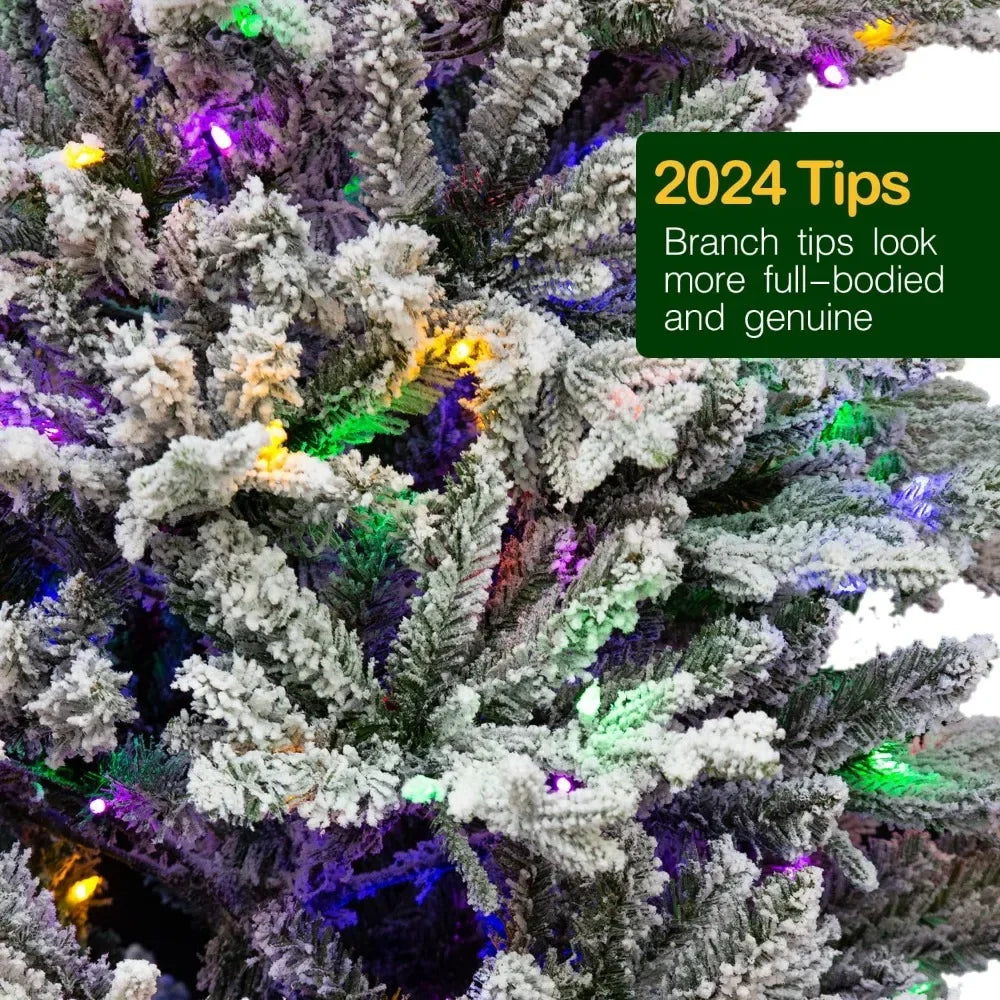 6.5 ft Prelit Snow Flocked Christmas Tree, Artificial Christmas Tree with 350 Color Changing LED Lights, 2024 PE&PVC Br