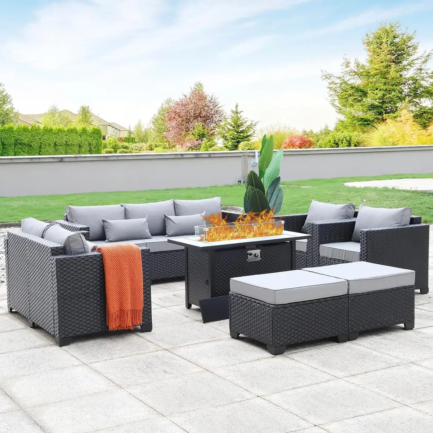 7 Piece Outdoor Furniture Set, Set Non-Slip Cushions & Waterproof Cover, 45 Inch Outdoor Propane Fire Pit Table Patio Sets