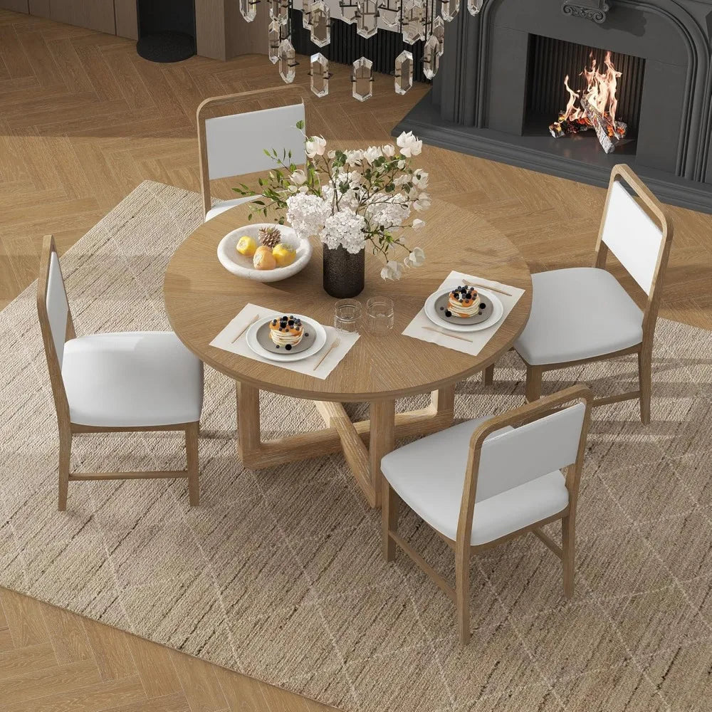 Dining Table and Chairs, Round Dinings Table and 4 Upholstered Chairs Set Retro Dinings Room Sets ,Wood Dining Furniture Set