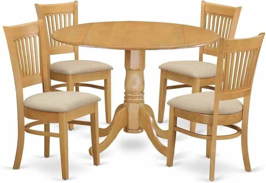 Furniture Dublin 5 Piece Kitchen Set Includes a Round Dining Room Table with Dropleaf and 4 Linen Fabric Upholstered Chairs