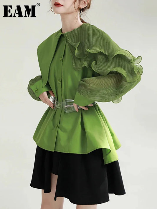 Women Green Pleated Belted Big Size Blouse New Lapel Long Sleeve Loose Fit Shirt Fashion Tide Spring Autumn 2024