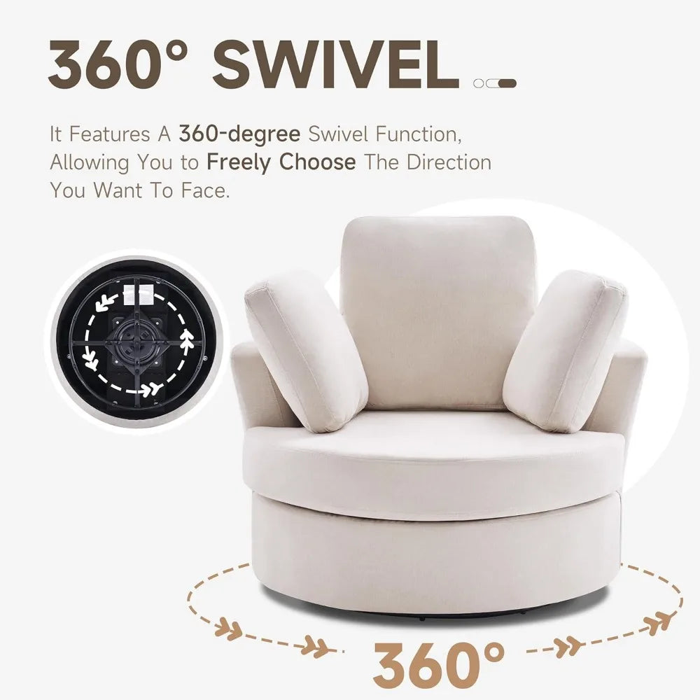 39” Swivel Accent Barrel Chairs with Removable Headrest, Chaise Lounge Indoor with Neck Support Pillow, Swivel Chairs, Beige