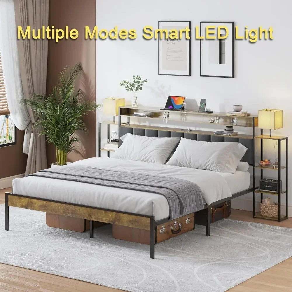 Bed Frame with Storage Bookcase Shelves,No Box Spring Needed Velvet Upholstered Platform Bed with LED Lights and 2 USB Ports