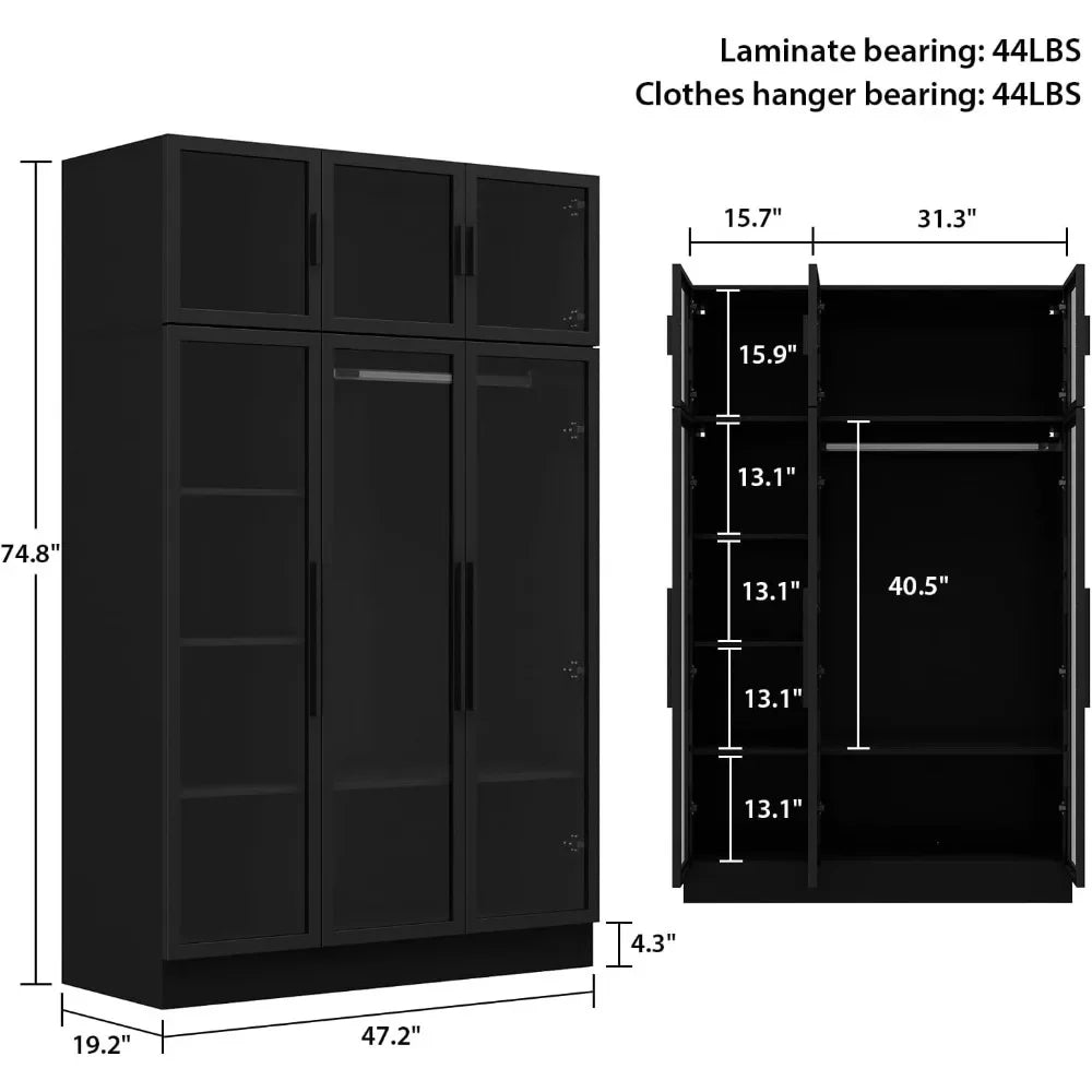 Wardrobe Cabinet, LED Lights, Armoire Closet with Glass Doors, Wooden Large Wardrobe with Hanging Rod & 5 Tiers Shelf