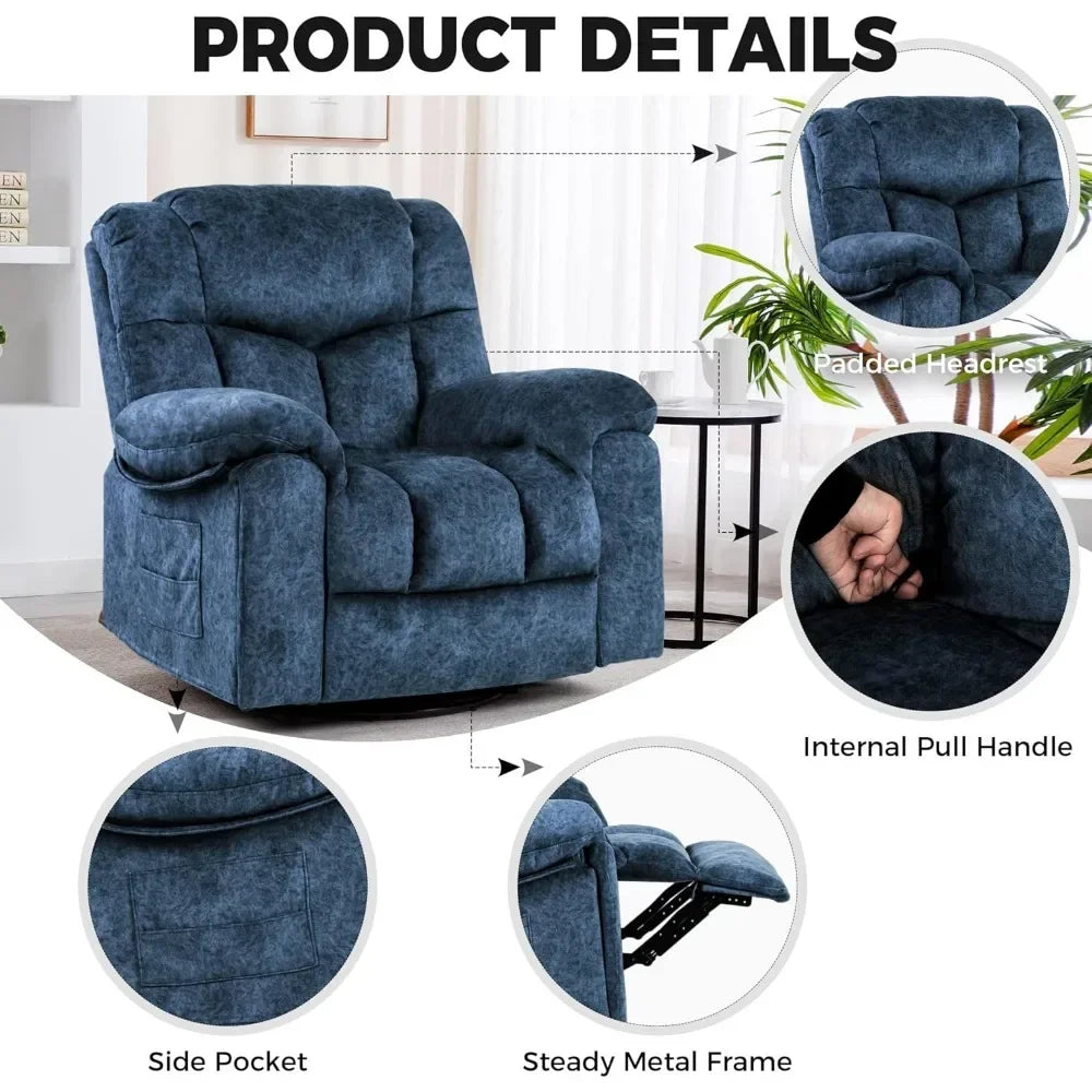 Recliner Chair Massage Rocker Swivel Heated with Hideable Cup Holders, for Adults Living Room (9020-Blue9),Living Room Chairs