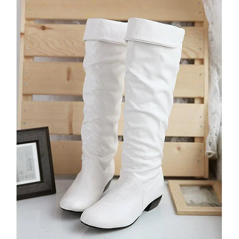 Women's leather PU Knee High Boots Fashion Folding Slip on Winter High Boots Casual Low Heels White Black Long Slim Boots Ladies