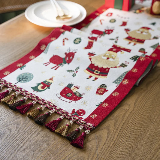 Christmas Jacquard Table Runner with Tassel Santa Claus Table Cover For Home Festival Party Table Decoration TV Cabinet Cover