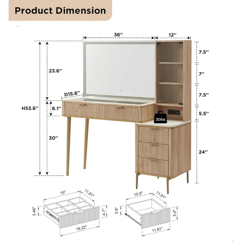 Vanity Desk with 36" HD Lighted Mirror,48" Big Modern Vanity Desk with Mirror and Lights,Dressing Table with 5 Drawers & Shelves