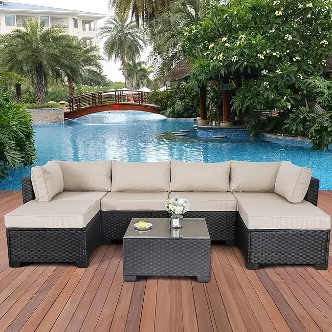 7 Pieces Outdoor PE Wicker Furniture Set Patio Rattan Sectional Conversation Sofa Set with Red Cushions and Fire Pit Table