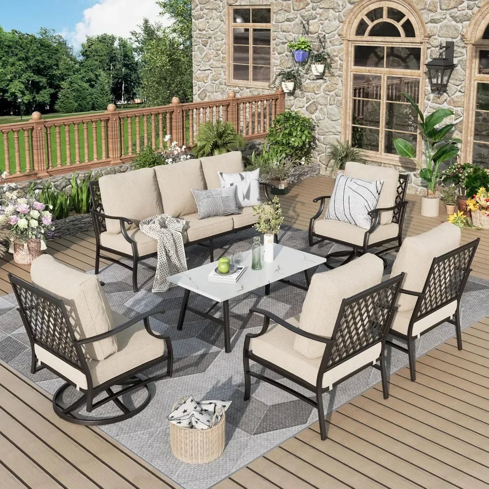 7 Pcs Patio Furniture Set , 2 X Swivel Chairs, 1 X Coffee Table and 5.75" Extra Thick Cushion, Outdoor Patio Furniture