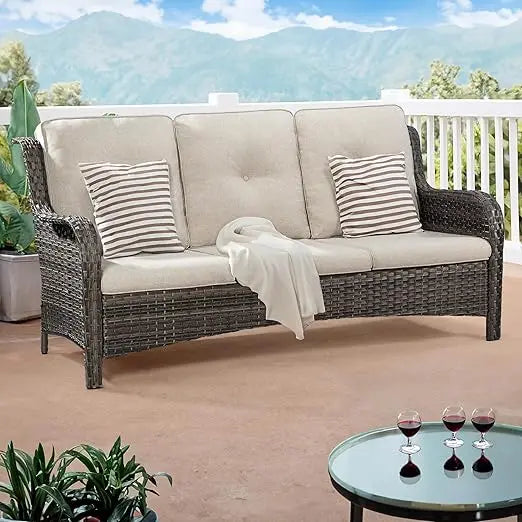 Outdoor Wicker Patio Sofa,3-Seat Patio Sofa ,Deep Seating and Comfortable Cushions for Porch Deck Balcony,Garden Furniture Sets