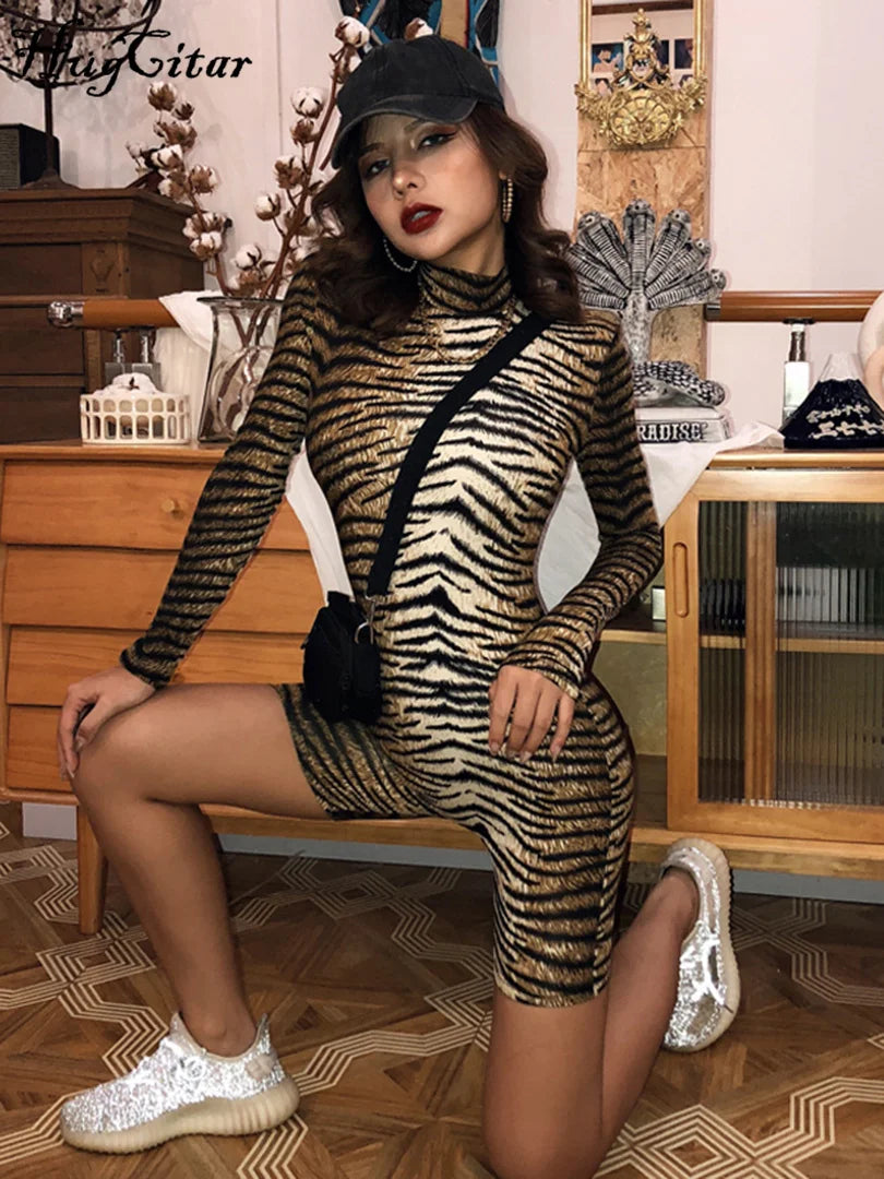 Hugcitar 2019 long sleeve tiger leopard print sexy bodycon playsuit autumn winter women streetwear club body fall cute outfits