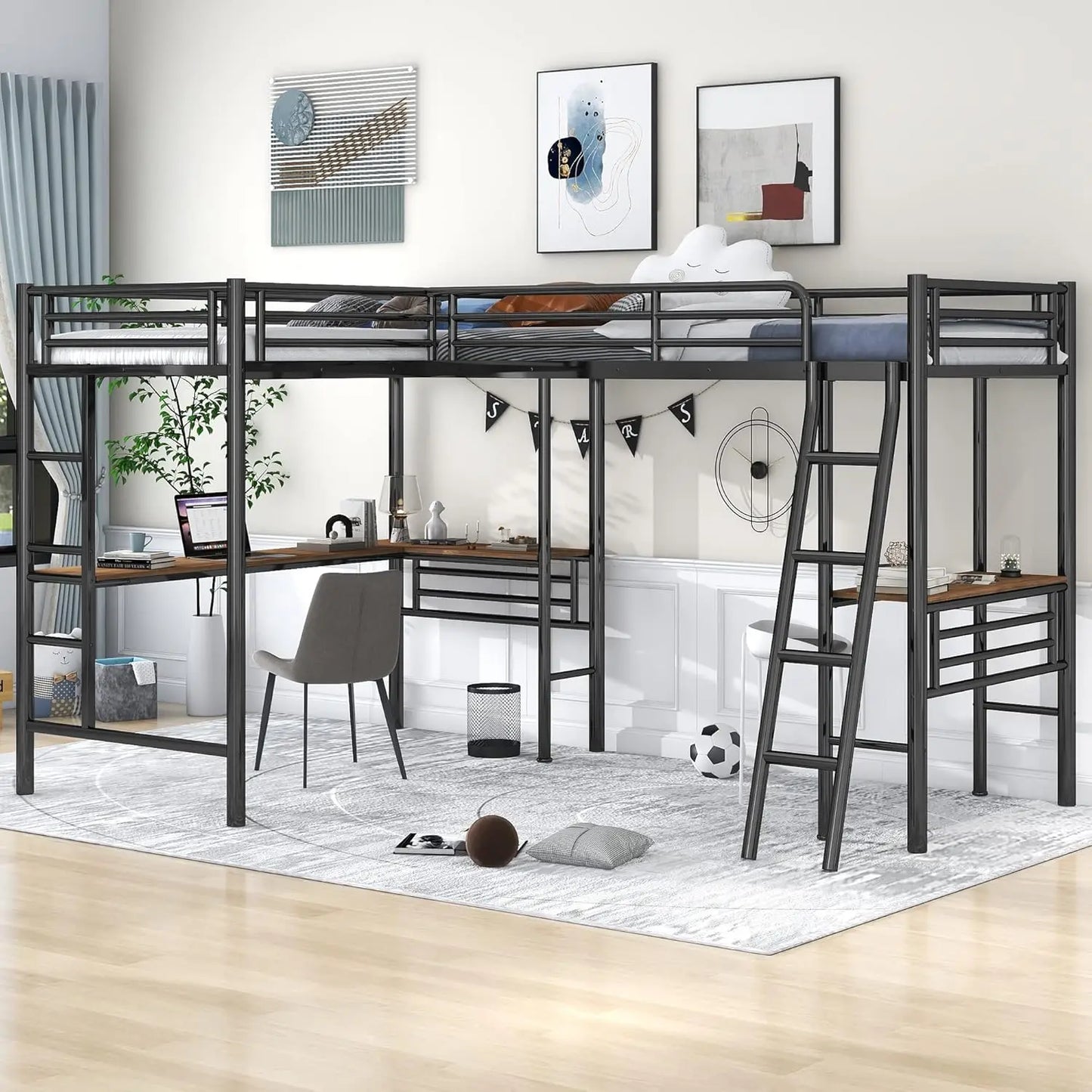 Size Loft Beds, Metal L-Shaped Loft Bed Frame with Two Desk Underneath for 2 Kids Boys Girls Teens, Black