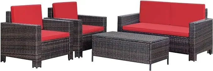 4 Pieces Patio Furniture Sets Rattan Chair Wicker Conversation Sofa Set, Outdoor Indoor Backyard Garden Poolside Balcony Use