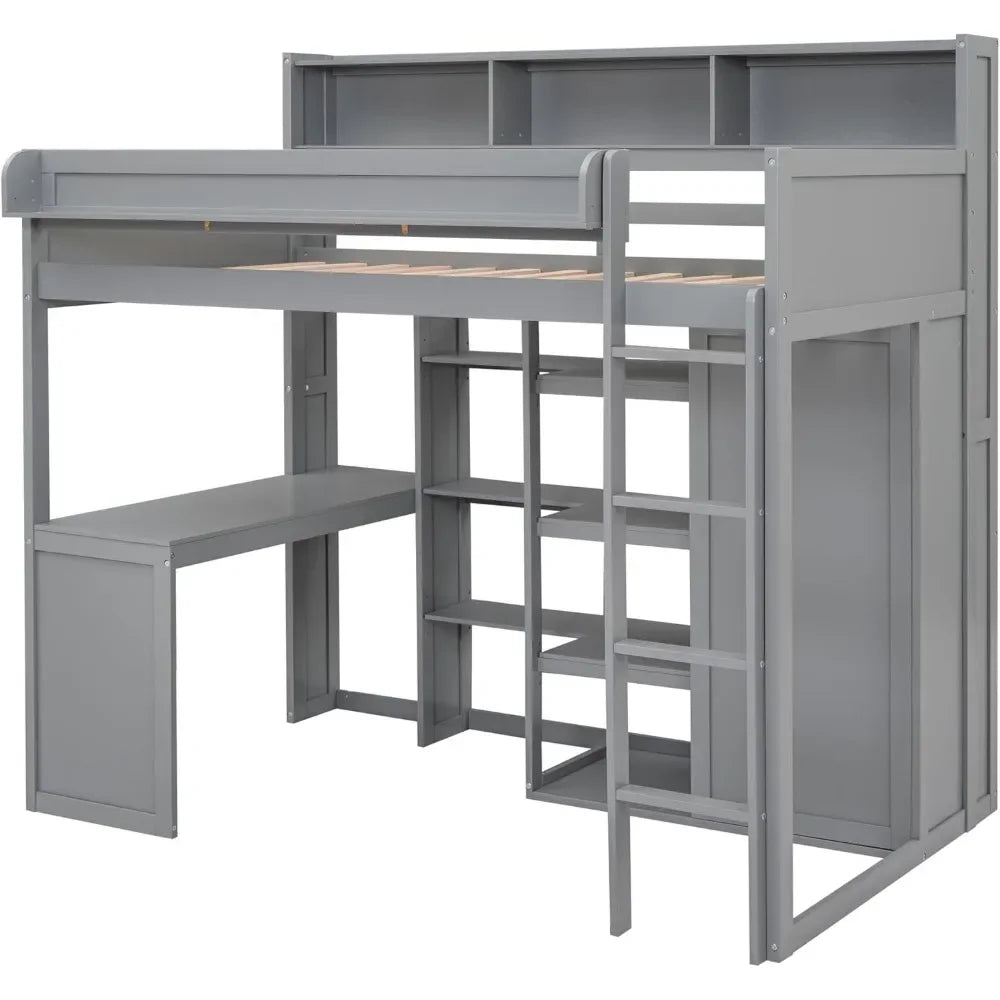 Twin Loft bedrooms Solid Wood Loft Bed with Desk and Multiple Shelves, High Loft Bed Frame for Kids Teens Adults