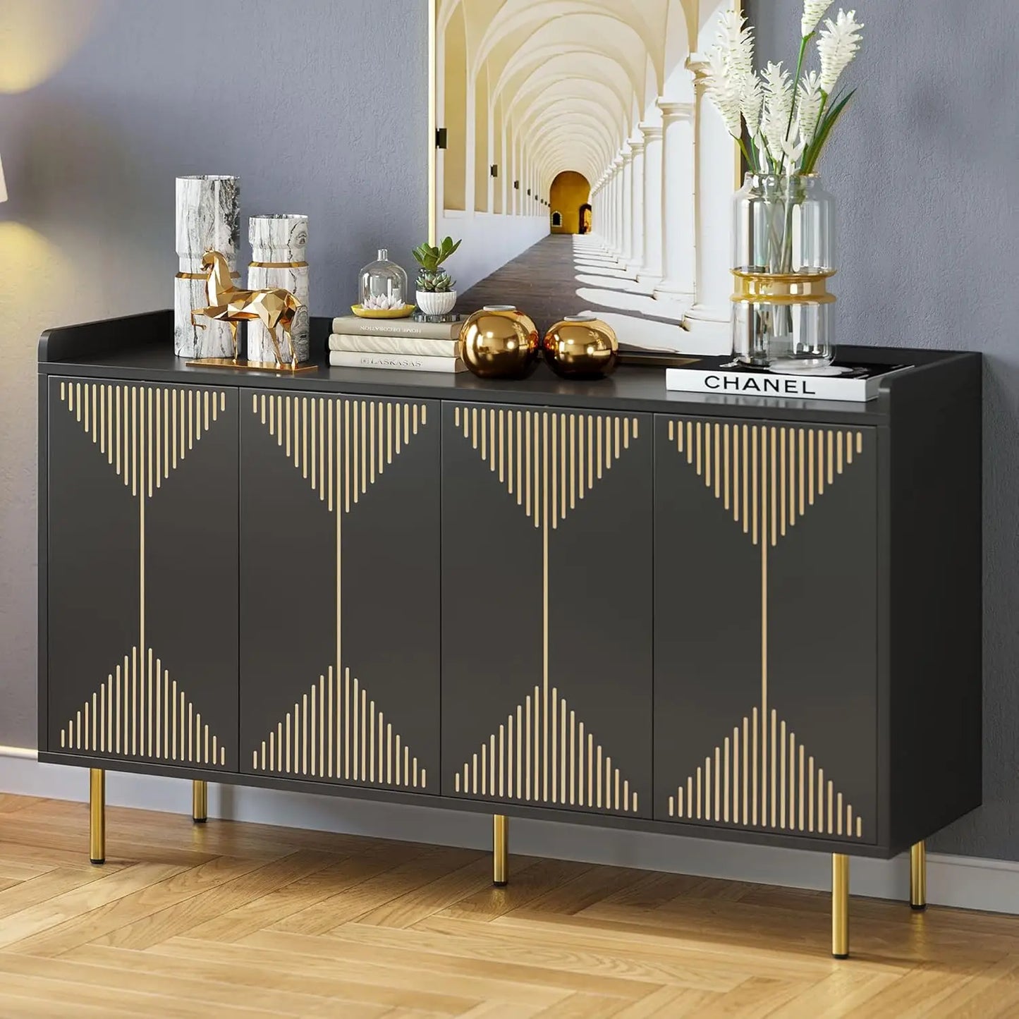 Sideboard Cabinet, 55 Inch Modern Coffee Bar Cabinet with Storage for Carved Design, Large Buffet Cabinet with Rebound