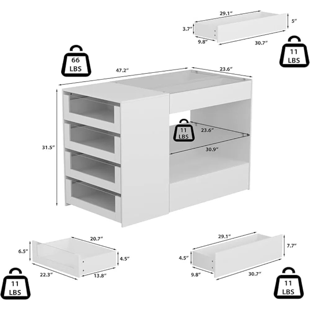 Wardrobe  Armoire Bedroom Island, Glass Tabletop & Storage Organizer, Wardrobe Closet with 7 Drawers and 2-Tier Shelf