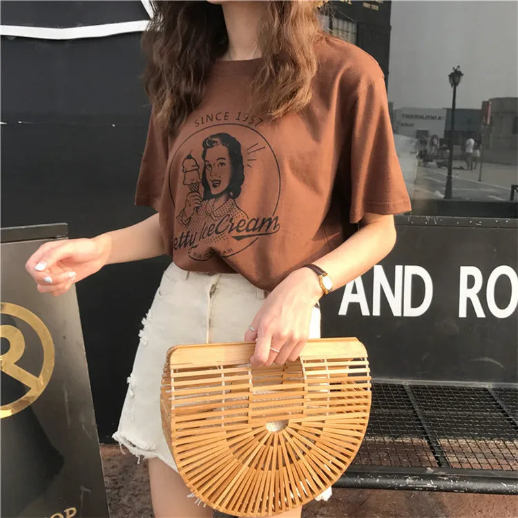 2023 Sommer Neue Mode Vintage Charakter Gedruckt Beiläufige Lose Kurzarm Weibliche T-shirts