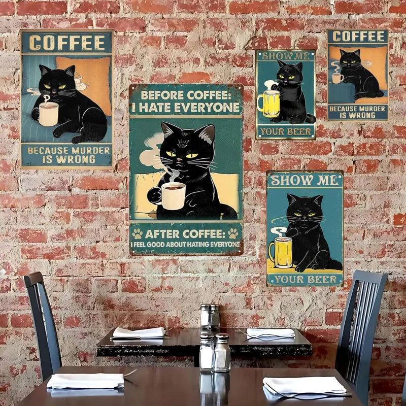 Black cat coffee metal tin painting kitchen wall decoration retro poster 30x20 cm