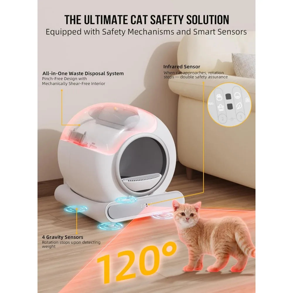 Self Cleaning Litter Box, 65L+9L Large Capacity Automatic Cat Litter Box Self Cleaning for Multiple Cats, Safety Protection